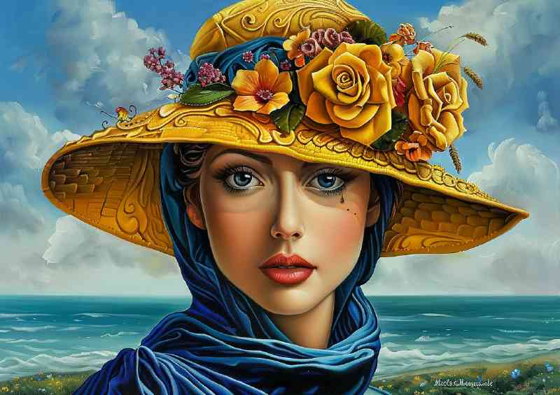 Elegant woman with large eyes wearing yellow hat | Canvas