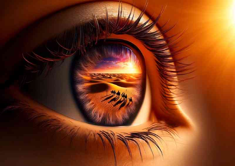 Eye reflecting a vivid desert sunset with sand dunes | Metal Poster