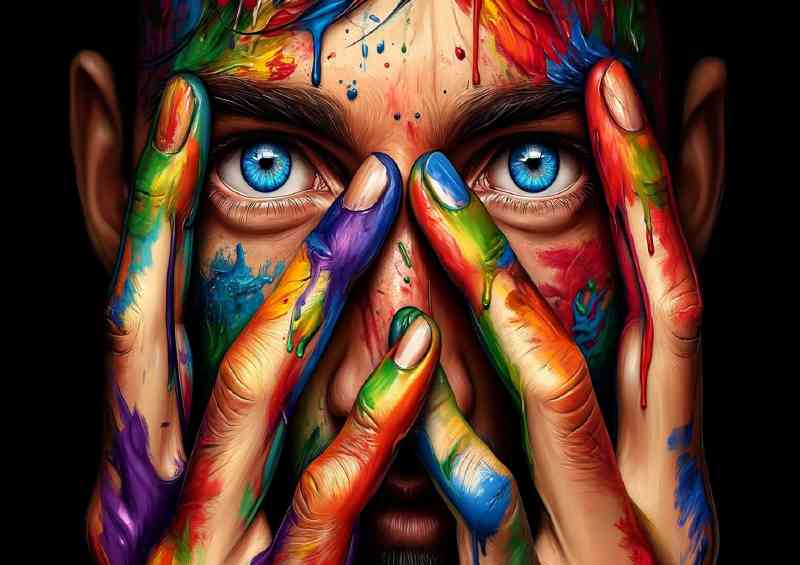 Gaze peering through vibrant paint covered hands | Canvas