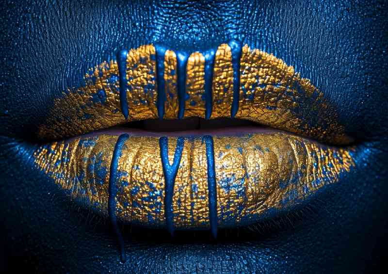 Gold and blue drip lips bling in the style of surrea | Canvas