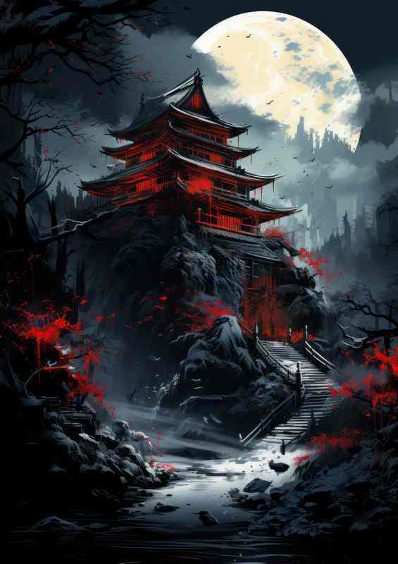 Moonlit Japanese Castle in Evening Sky Poster with Hints of Red