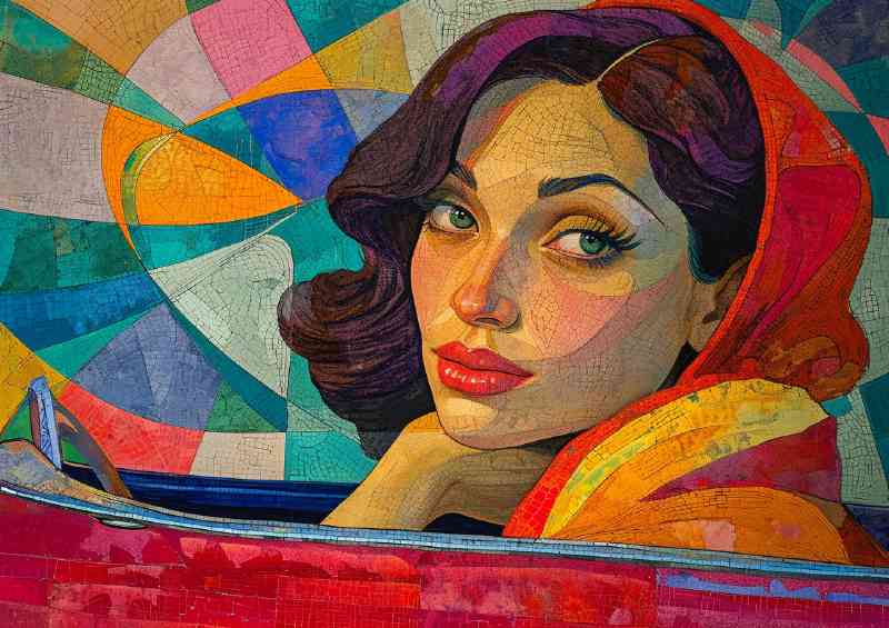 Woman sitting in a car with a red hood | Di-Bond