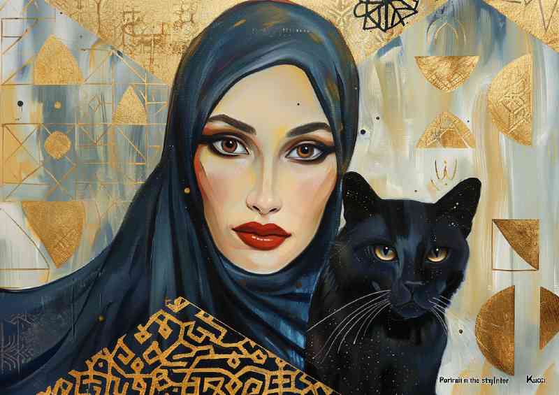Woman with a black cat and head scarf | Canvas