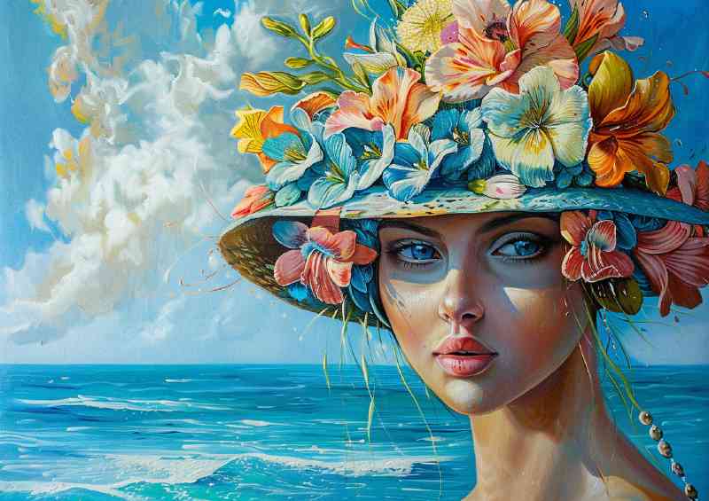 Woman with flowers in her hat painting sea in background | Poster
