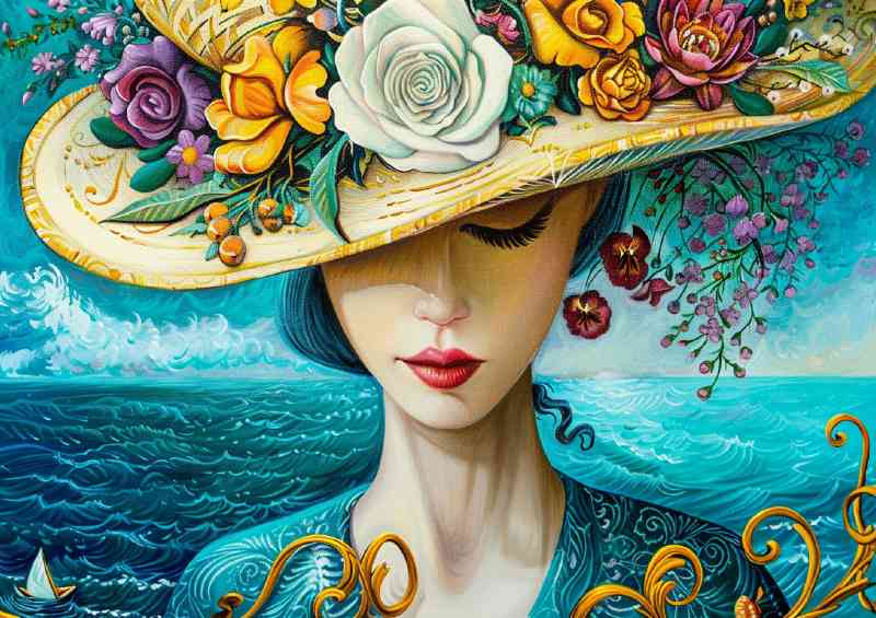 woman with flowers in her hat painting | Di-Bond