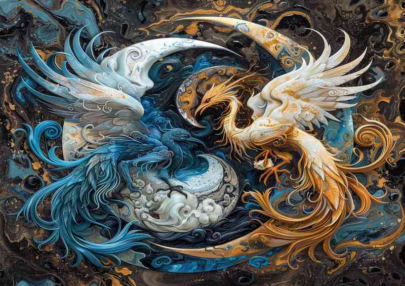 Blue and white yin yang symbol with flying Birds | Poster