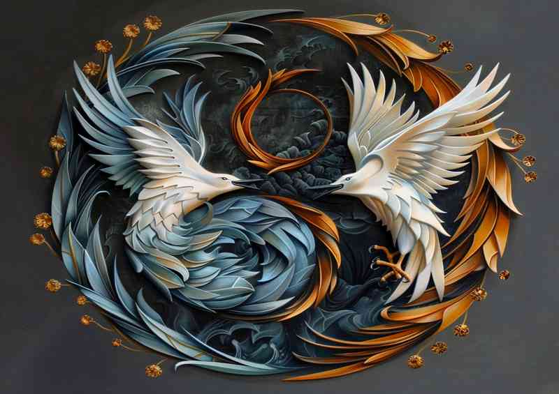 Blue and white yin yang symbol with one flying bird | Metal Poster