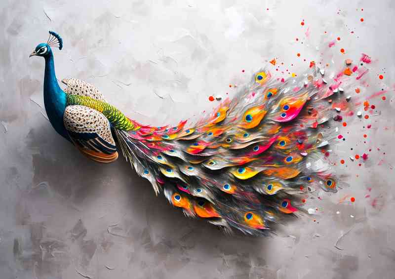 Colorful peacock flying over white painted wall | Poster