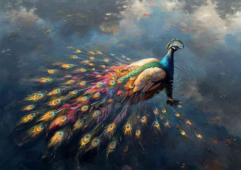 Colourful peacock spread feathers with clouds | Metal Poster