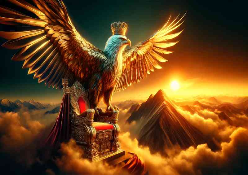 Eagle king perched on a gilded throne amidst a mountain peak | Poster