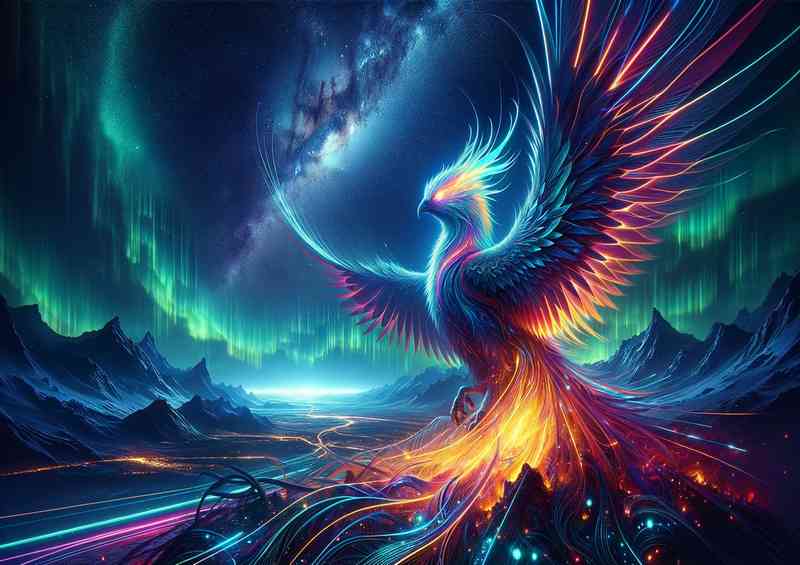 Futuristic Phoenix its feathers of neon lights | Metal Poster