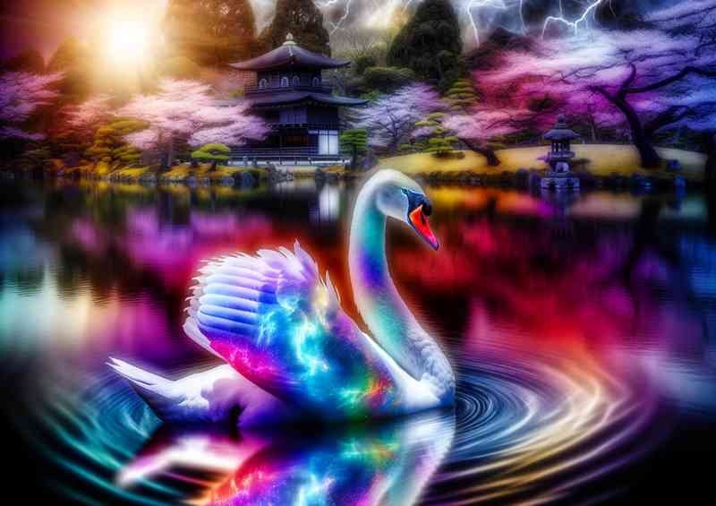 Graceful Swan its feathers a spectrum of radiant light | Poster