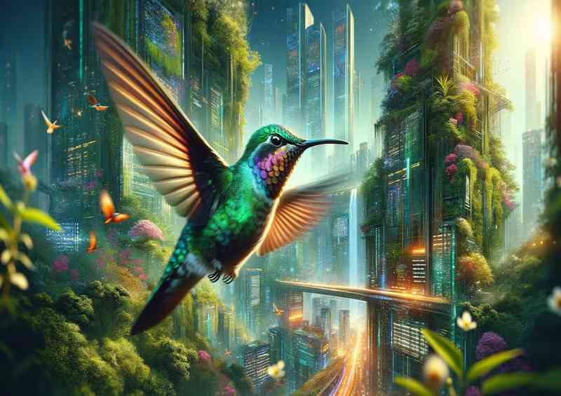 Hummingbird in flight set against a futuristic city | Poster
