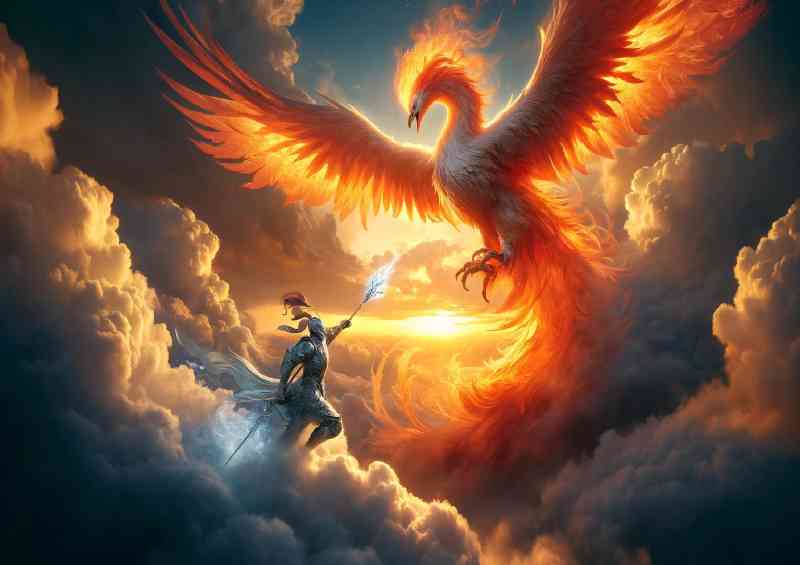 Knight battling a massive phoenix in the sky clouds swirling | Canvas