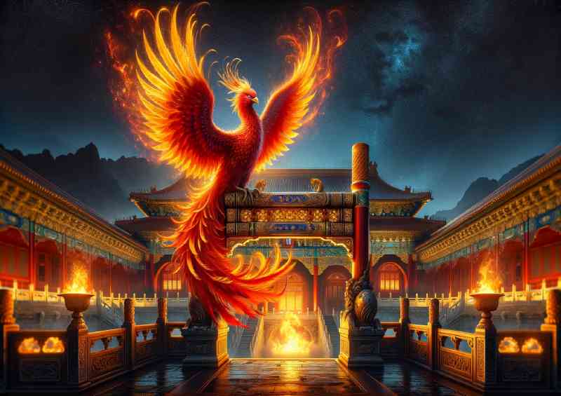Majestic Phoenix perched atop a golden archway in a palace courtyard | Poster