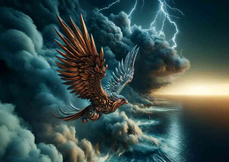 Metallic Eagle soaring over a stormy ocean | Poster