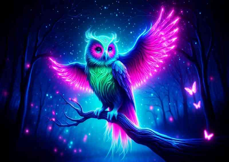 Mystical neon Owl its feathers glowing with vivid turquoise and pink hues | Poster