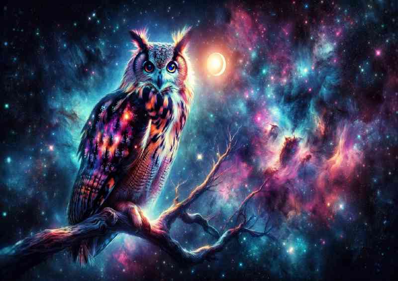 Owl perched on a moonlit branch with its feathers reflecting Nebula | Metal Poster