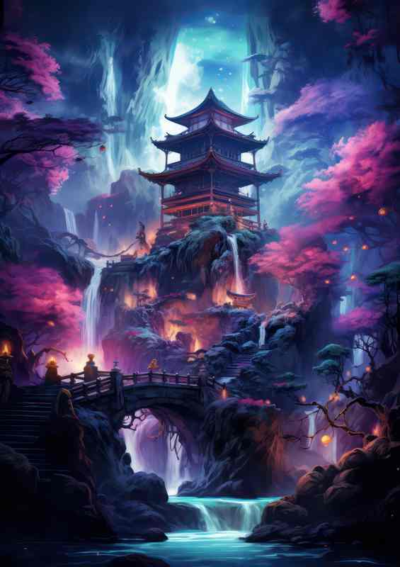 Japanese house with a bridge with a blue waterfall underneath | Poster