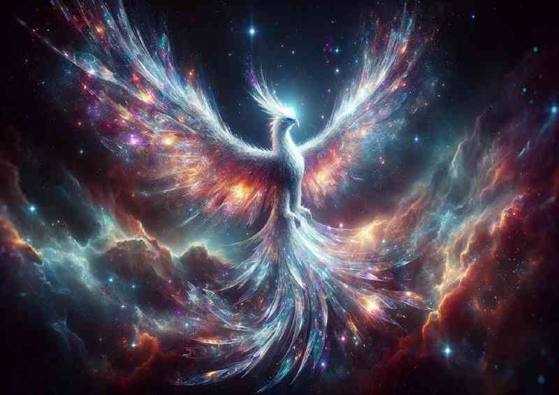 Phoenix made of shimmering glass and light rising from a nebula cloud | Poster