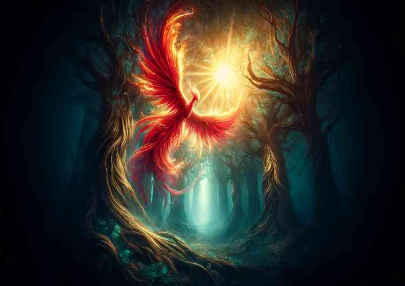 Phoenix vibrant red and gold feathers rising majestically | Poster