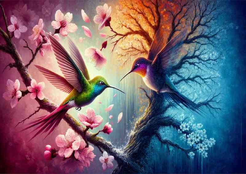 Two hummingbirds one radiating with vibrant spring colors | Poster