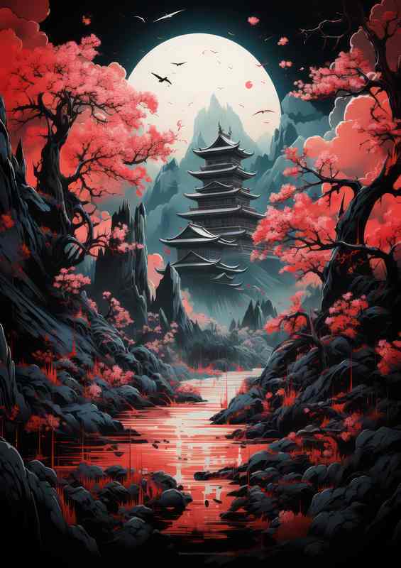 Japanese house with a orange lake and cherry trees | Poster