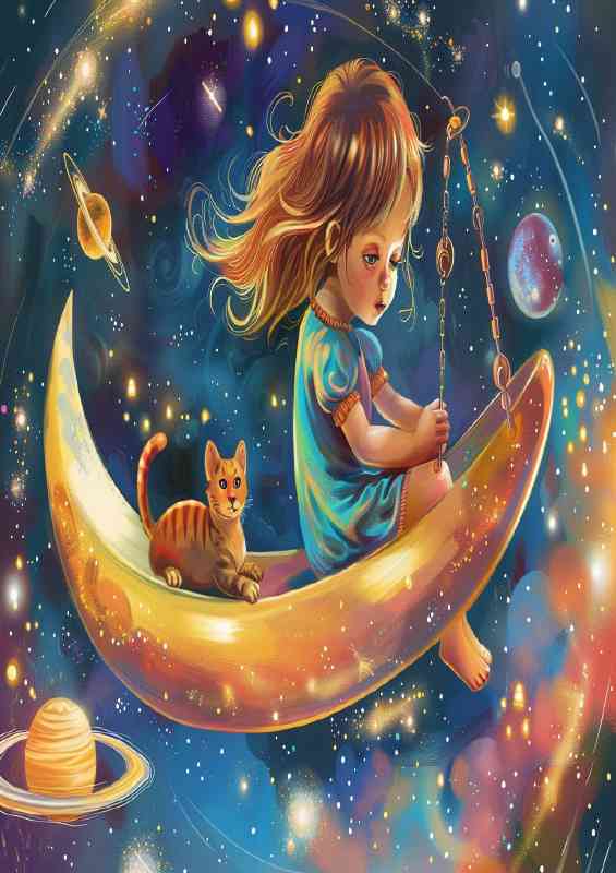 A Little girl and cat playing in space | Di-Bond