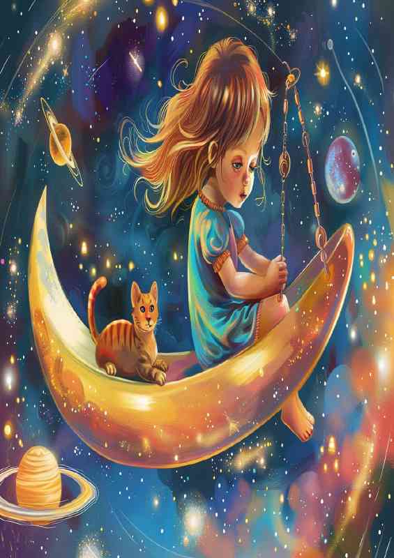 A Little girl and cat playing in space | Poster