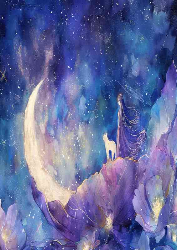 A Whimsical waterlilly and the moon white cat | Canvas