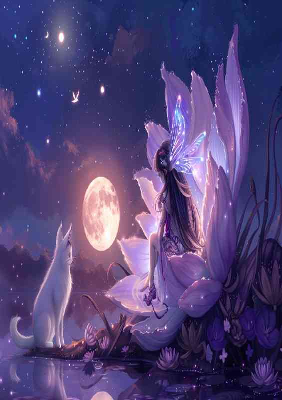 A beautiful fairy with long hair sits on the petal and cat | Poster
