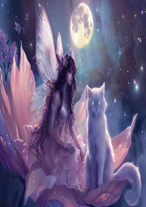 A fairy with long hair sits on the petal full moon with cat | Di-Bond