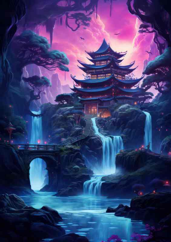 Blue Waterfall Zen House Canvas