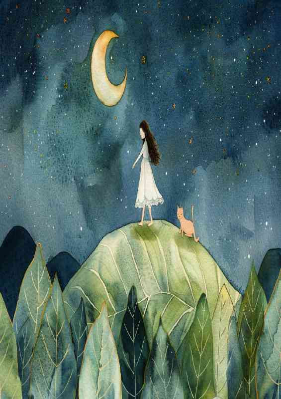 A girl in a white dress and cat is standing on a giant leaf | Di-Bond