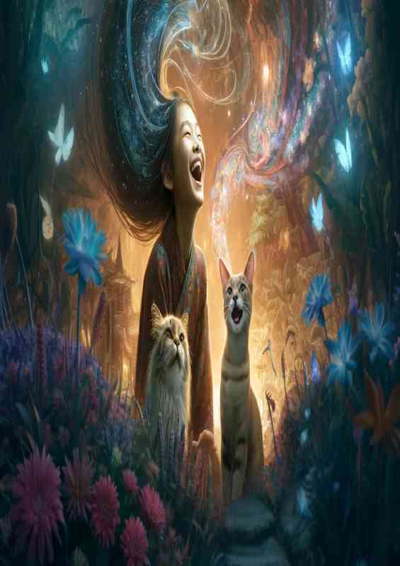 A girl laughing with two cats in an enchanting environment | Poster