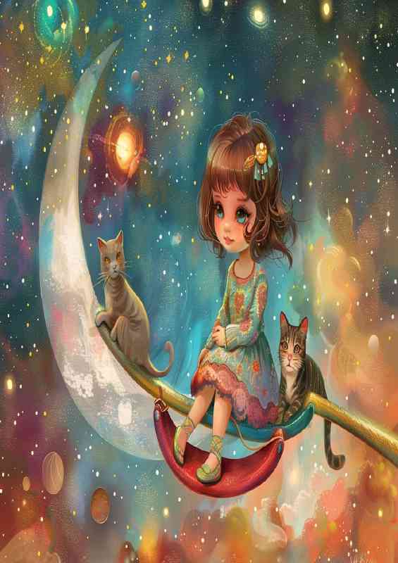 A little girl with her cats is sitting on the moon | Metal Poster