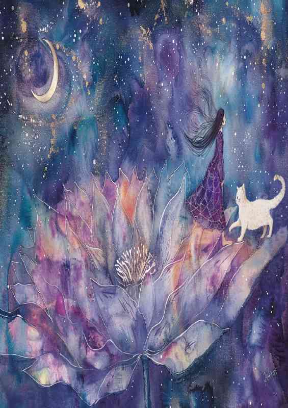 A whimsical water lilly on in the sky white cat | Canvas