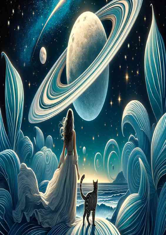 A woman and cat in a flowing dress her gaze fixed on the planets | Poster