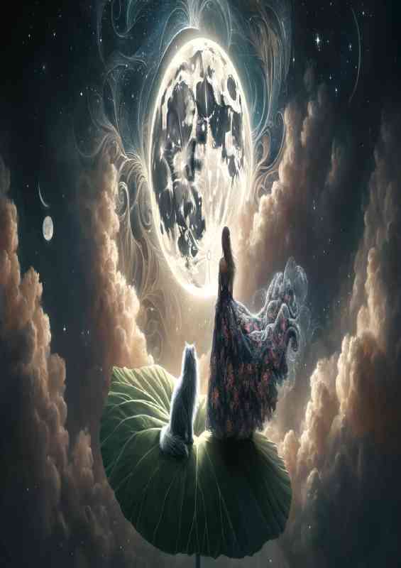 A woman in a floral gown stands on a giant ledge with cat | Metal Poster