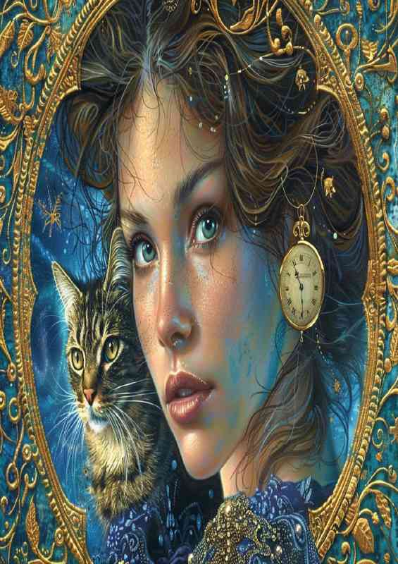 A woman with a cat and clock fantasy | Canvas