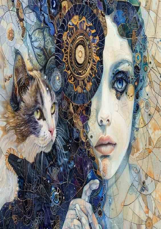 A woman with a cat next to her face in an abstract style | Canvas