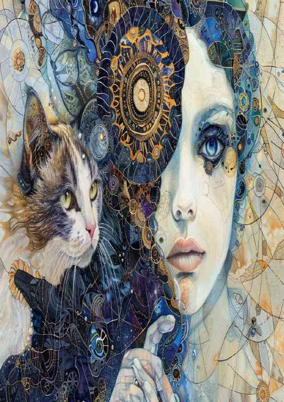 A woman with a cat next to her face in an abstract style | Poster