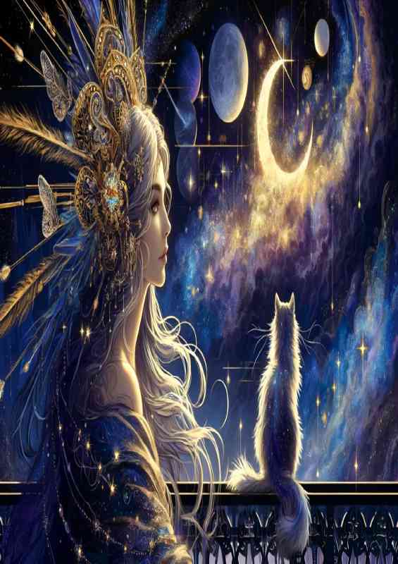 A woman with flowing hair gazing into the distance with cat | Metal Poster