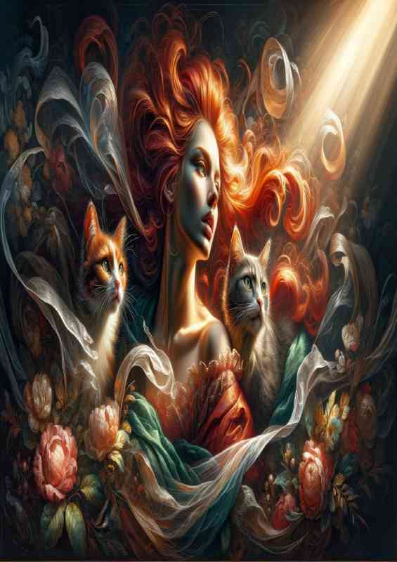A woman with vibrant red hair and two cats | Metal Poster