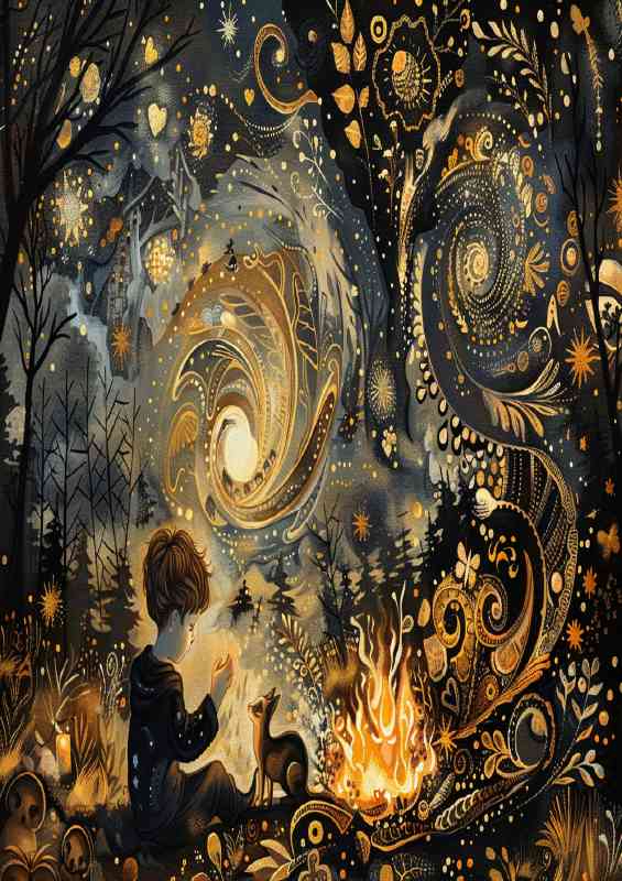 A young boy with cat near fire in a dark forest | Canvas