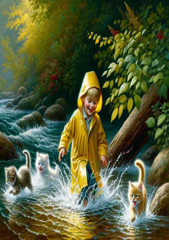 A young child in a yellow raincoat splashing in a creek | Metal Poster
