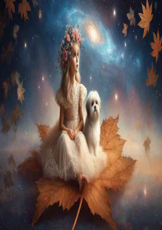 A young girl and a small fluffy dog sitting on a large leaf | Poster