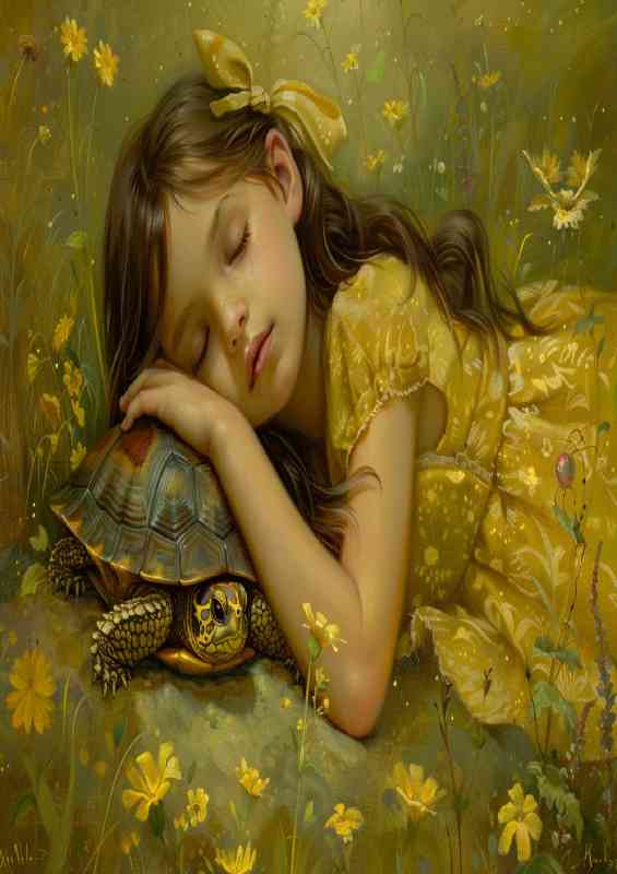 A young girl laying down with turtoise | Di-Bond