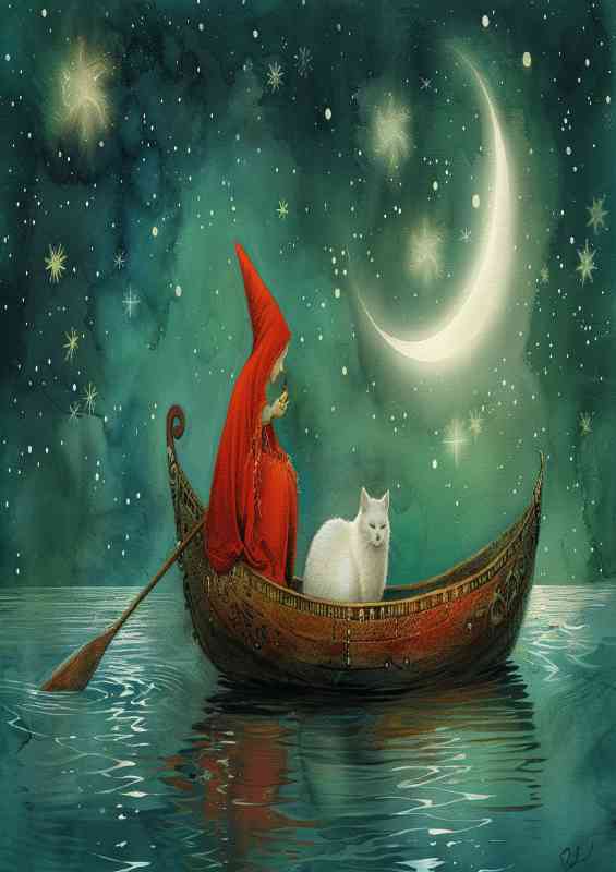 An elf in a red cape rowing a boat with a white cat | Poster