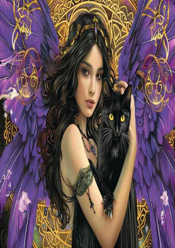 Beautiful woman with angel wings holding a black cat | Poster